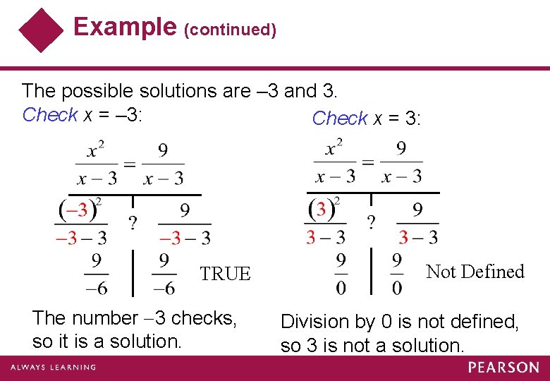 Example (continued) The possible solutions are – 3 and 3. Check x = –