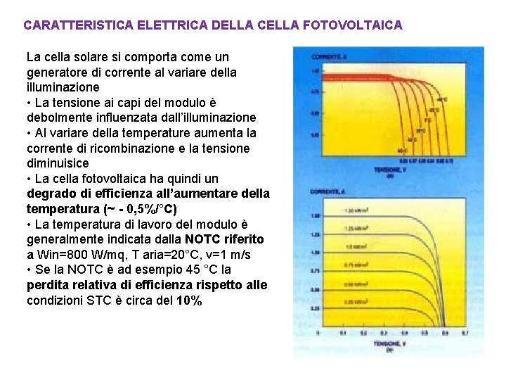 CARATTERISTICA ELETTRICA DELLA CELLA FOTOVOLTAICA La cella solare si comporta come un generatore di