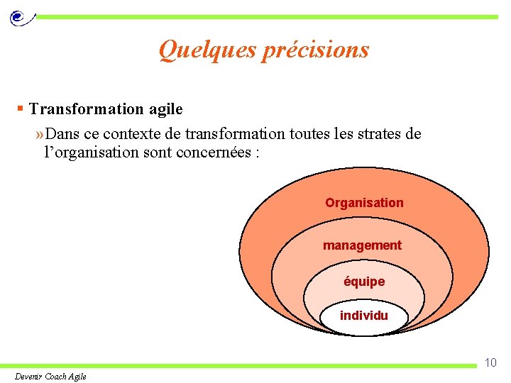 Quelques précisions § Transformation agile » Dans ce contexte de transformation toutes les strates