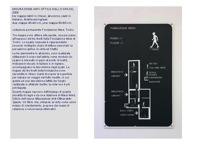 MISURAZIONE ANTI-OTTICA DELLO SPAZIO, 2006 tre mappe tattili in rilievo, alluminio, testi in italiano,