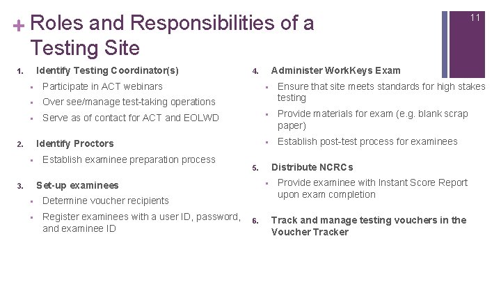 + Roles and Responsibilities of a Testing Site Identify Testing Coordinator(s) 1. § Participate