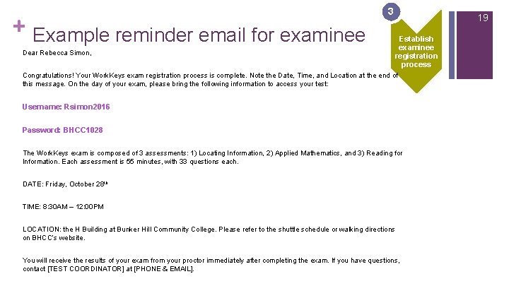 + 3 Example reminder email for examinee Dear Rebecca Simon, 19 Establish examinee registration