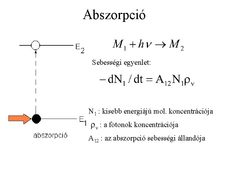Abszorpció Sebességi egyenlet: N 1 : kisebb energiájú mol. koncentrációja : a fotonok koncentrációja