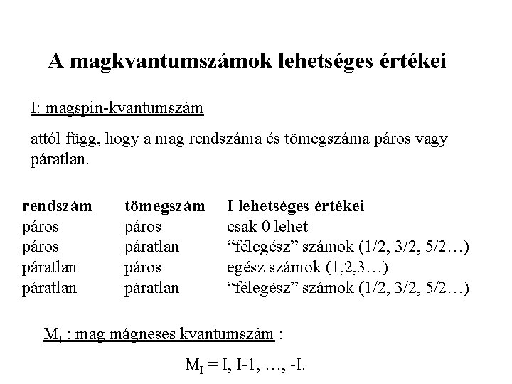 A magkvantumszámok lehetséges értékei I: magspin-kvantumszám attól függ, hogy a mag rendszáma és tömegszáma