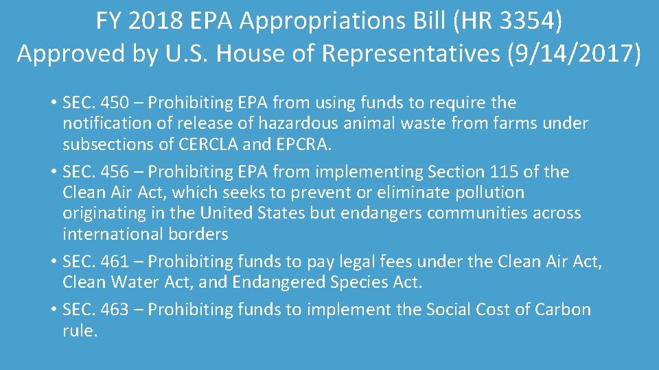 FY 2018 EPA Appropriations Bill (HR 3354) Approved by by U. S. House of