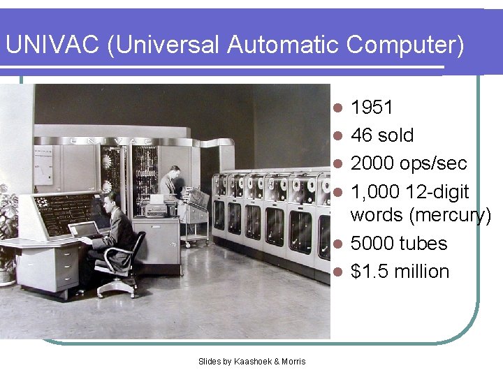 UNIVAC (Universal Automatic Computer) l l l Slides by Kaashoek & Morris 1951 46