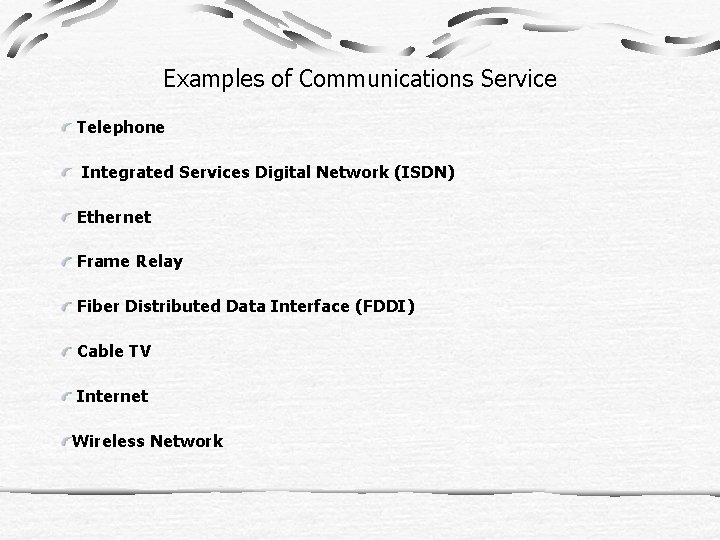 Examples of Communications Service Telephone Integrated Services Digital Network (ISDN) Ethernet Frame Relay Fiber