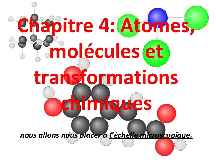 Chapitre 4: Atomes, molécules et transformations chimiques nous allons nous placer à l’échelle microscopique.