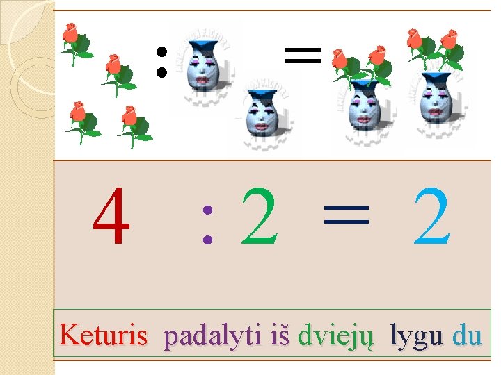 : = 4 : 2 = 2 Keturis padalyti iš dviejų lygu du 