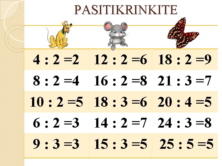 PASITIKRINKITE 4 : 2 =2 8 : 2 =4 10 : 2 =5 6