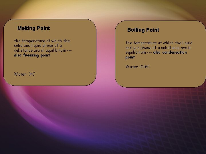 Melting Point the temperature at which the solid and liquid phase of a substance