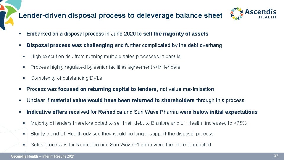 Lender-driven disposal process to deleverage balance sheet § Embarked on a disposal process in