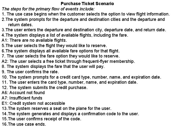 Purchase Ticket Scenario The steps for the primary flow of events include: 1. The
