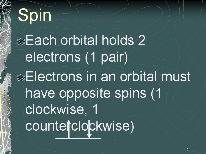 Spin Each orbital holds 2 electrons (1 pair) Electrons in an orbital must have