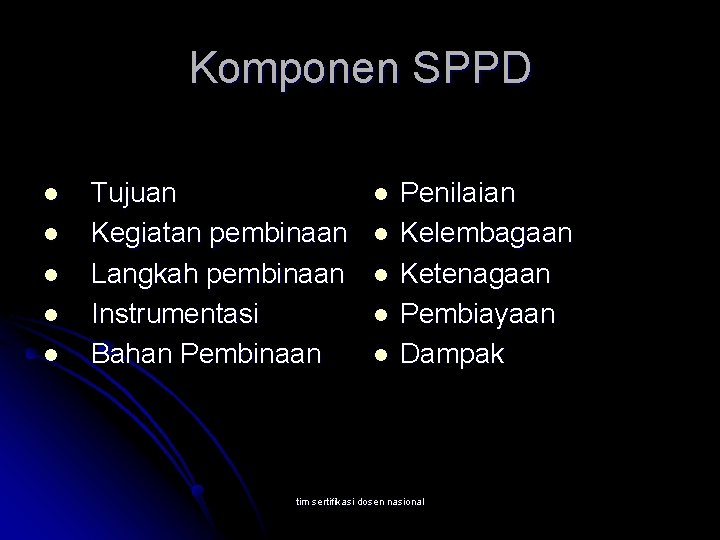 Komponen SPPD l l l Tujuan Kegiatan pembinaan Langkah pembinaan Instrumentasi Bahan Pembinaan l