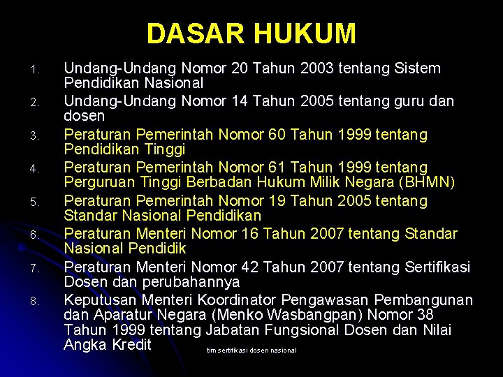 DASAR HUKUM 1. 2. 3. 4. 5. 6. 7. 8. Undang-Undang Nomor 20 Tahun