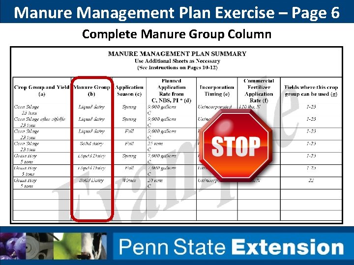 Manure Management Plan Exercise – Page 6 Complete Manure Group Column 