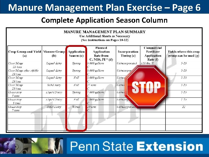 Manure Management Plan Exercise – Page 6 Complete Application Season Column 