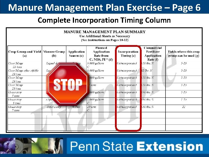 Manure Management Plan Exercise – Page 6 Complete Incorporation Timing Column 