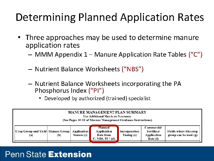 Determining Planned Application Rates • Three approaches may be used to determine manure application