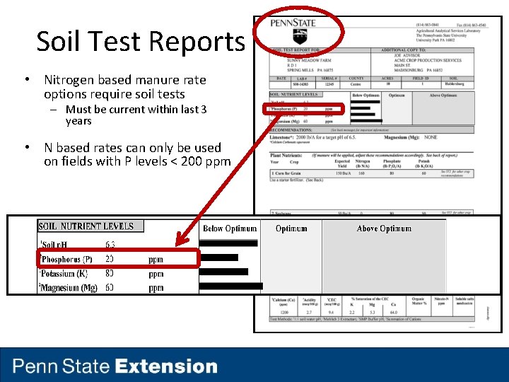 Soil Test Reports • Nitrogen based manure rate options require soil tests – Must