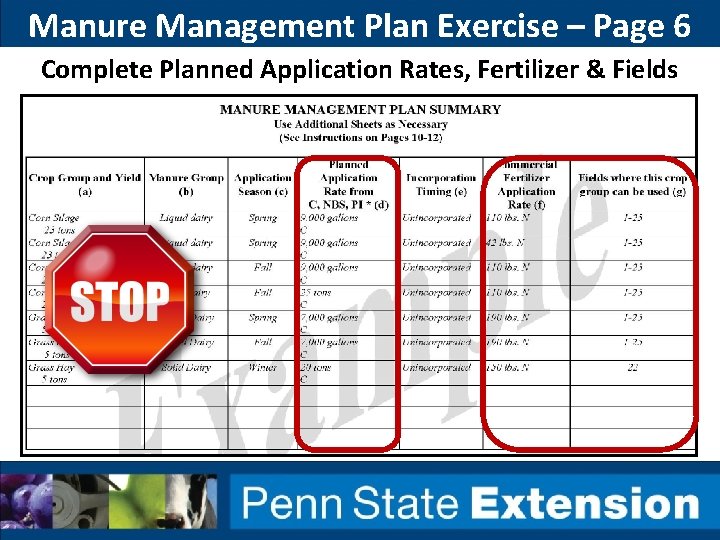 Manure Management Plan Exercise – Page 6 Complete Planned Application Rates, Fertilizer & Fields