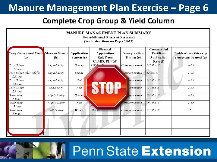 Manure Management Plan Exercise – Page 6 Complete Crop Group & Yield Column 