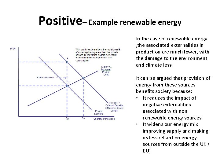 Positive– Example renewable energy In the case of renewable energy , the associated externalities