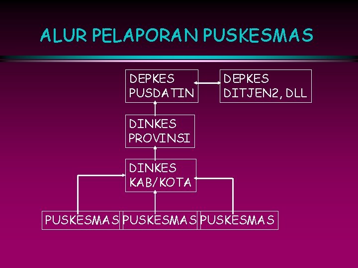 ALUR PELAPORAN PUSKESMAS DEPKES PUSDATIN DEPKES DITJEN 2, DLL DINKES PROVINSI DINKES KAB/KOTA PUSKESMAS