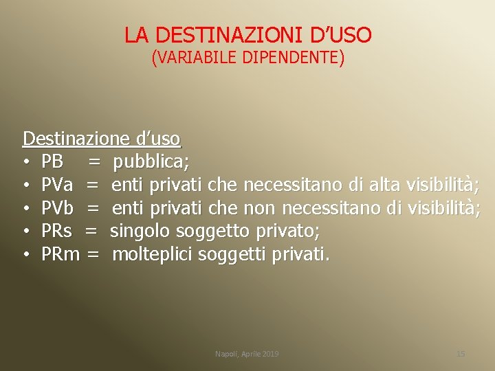 LA DESTINAZIONI D’USO (VARIABILE DIPENDENTE) Destinazione d’uso • PB = pubblica; • PVa =