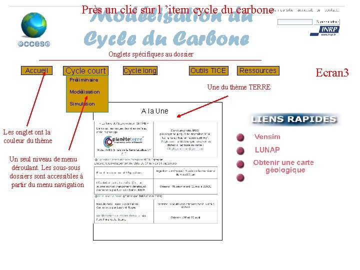 Près un clic sur l ’item cycle du carbone Onglets spécifiques au dossier Accueil