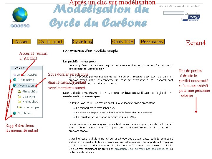 Après un clic sur modélisation Accueil Cycle court Cycle long Outils TICE Ressources Ecran