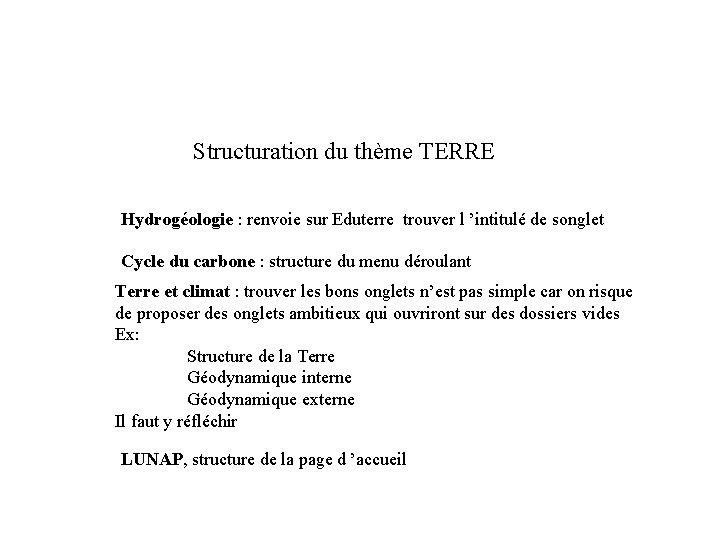 Structuration du thème TERRE Hydrogéologie : renvoie sur Eduterre trouver l ’intitulé de songlet