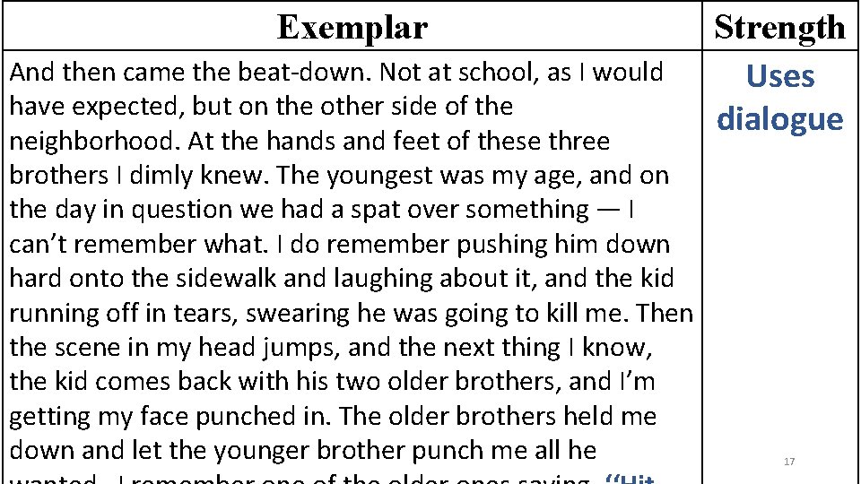 Exemplar And then came the beat-down. Not at school, as I would have expected,