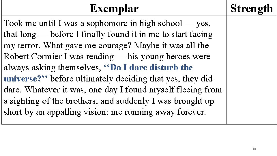 Exemplar Strength Took me until I was a sophomore in high school — yes,