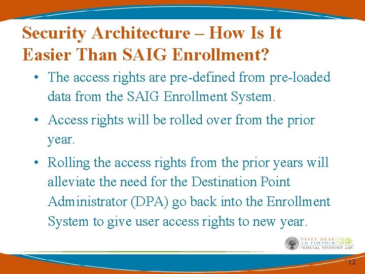 Security Architecture – How Is It Easier Than SAIG Enrollment? • The access rights Security Architecture – How Is It Easier Than SAIG Enrollment? • The access rights