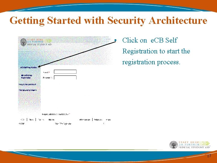 Getting Started with Security Architecture • Click on e. CB Self Registration to start Getting Started with Security Architecture • Click on e. CB Self Registration to start