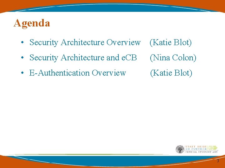 Agenda • Security Architecture Overview (Katie Blot) • Security Architecture and e. CB (Nina Agenda • Security Architecture Overview (Katie Blot) • Security Architecture and e. CB (Nina