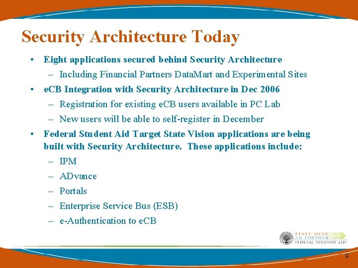 Security Architecture Today • Eight applications secured behind Security Architecture – Including Financial Partners Security Architecture Today • Eight applications secured behind Security Architecture – Including Financial Partners