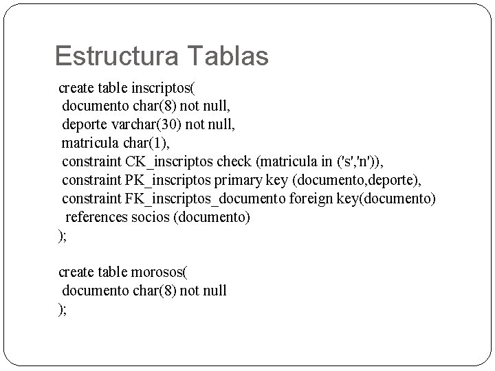 Estructura Tablas create table inscriptos( documento char(8) not null, deporte varchar(30) not null, matricula