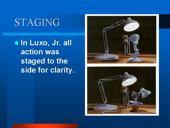 STAGING l In Luxo, Jr. all action was staged to the side for clarity. STAGING l In Luxo, Jr. all action was staged to the side for clarity.