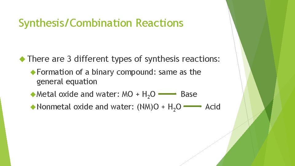 Synthesis/Combination Reactions There are 3 different types of synthesis reactions: Formation of a binary