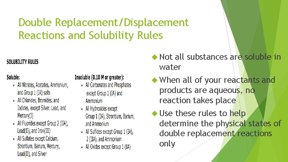 Double Replacement/Displacement Reactions and Solubility Rules Not all substances are soluble in water When