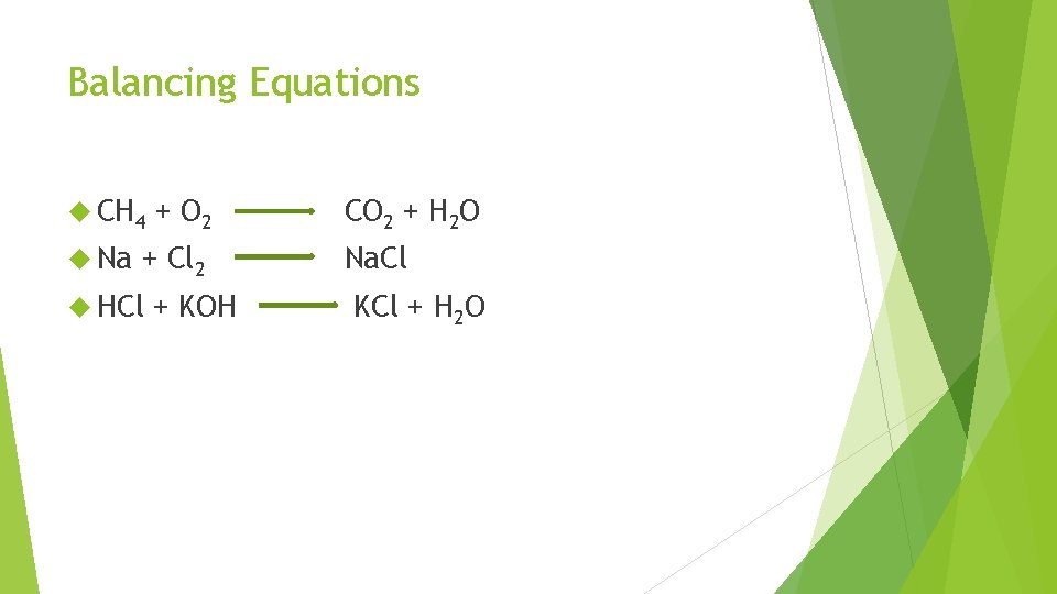 Balancing Equations CH 4 Na + O 2 + Cl 2 HCl + KOH