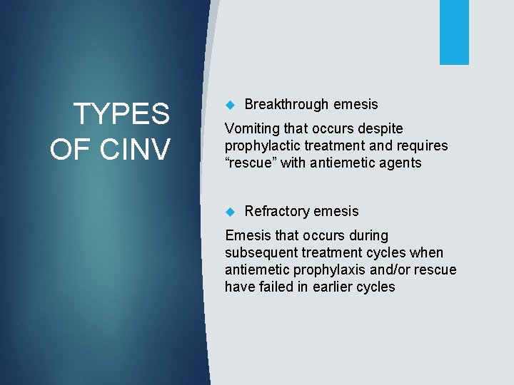 TYPES OF CINV Breakthrough emesis Vomiting that occurs despite prophylactic treatment and requires “rescue”