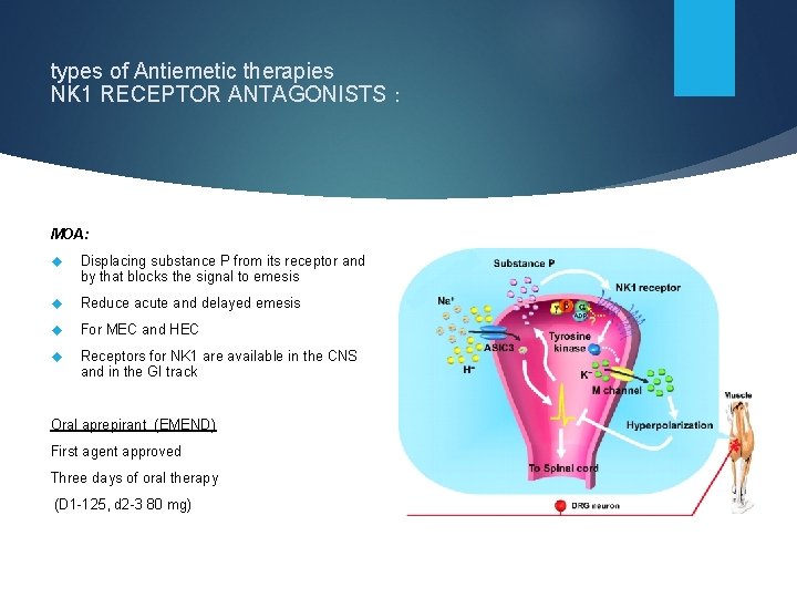 types of Antiemetic therapies NK 1 RECEPTOR ANTAGONISTS : MOA: Displacing substance P from