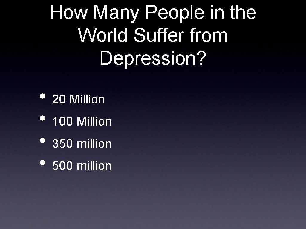 How Many People in the World Suffer from Depression? • 20 Million • 100
