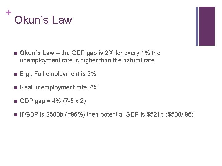 + Okun’s Law n Okun’s Law – the GDP gap is 2% for every