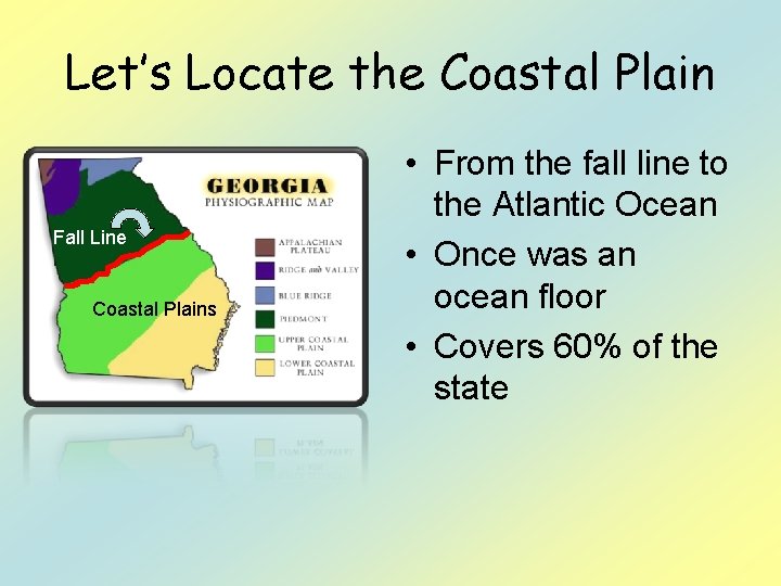 Let’s Locate the Coastal Plain Fall Line Coastal Plains • From the fall line
