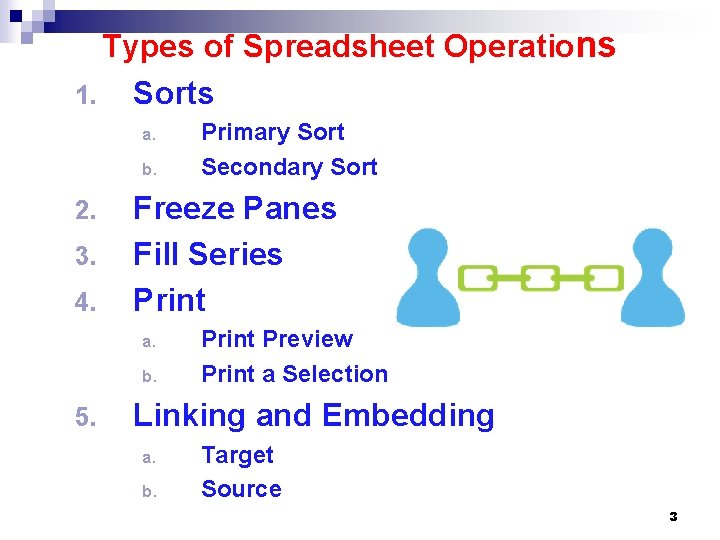 Types of Spreadsheet Operations 1. Sorts a. b. 2. 3. 4. Freeze Panes Fill